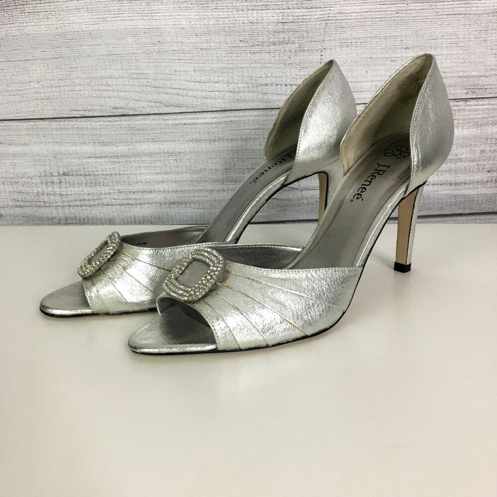 Vintage Metallic Open-Toe Heels with Rhinestone Buckle